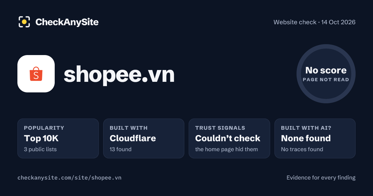 shopee.vn on CheckAnySite: AI traces none found, popularity Top 10K, no score.