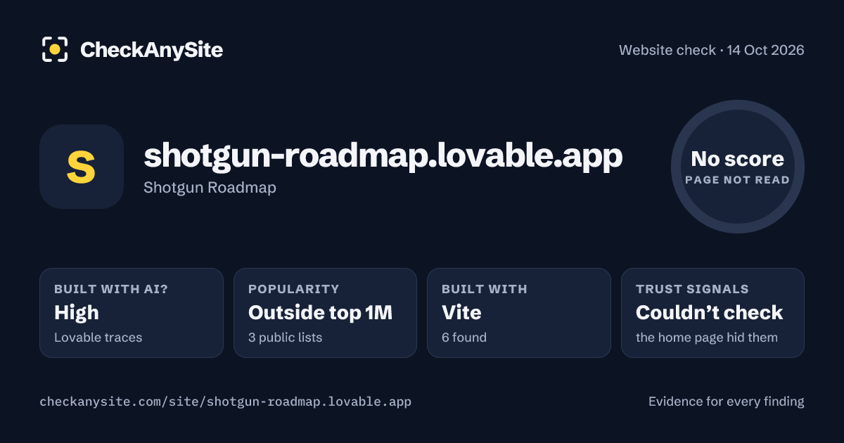 shotgun-roadmap.lovable.app on CheckAnySite: AI traces high, popularity Outside top 1M, no score.