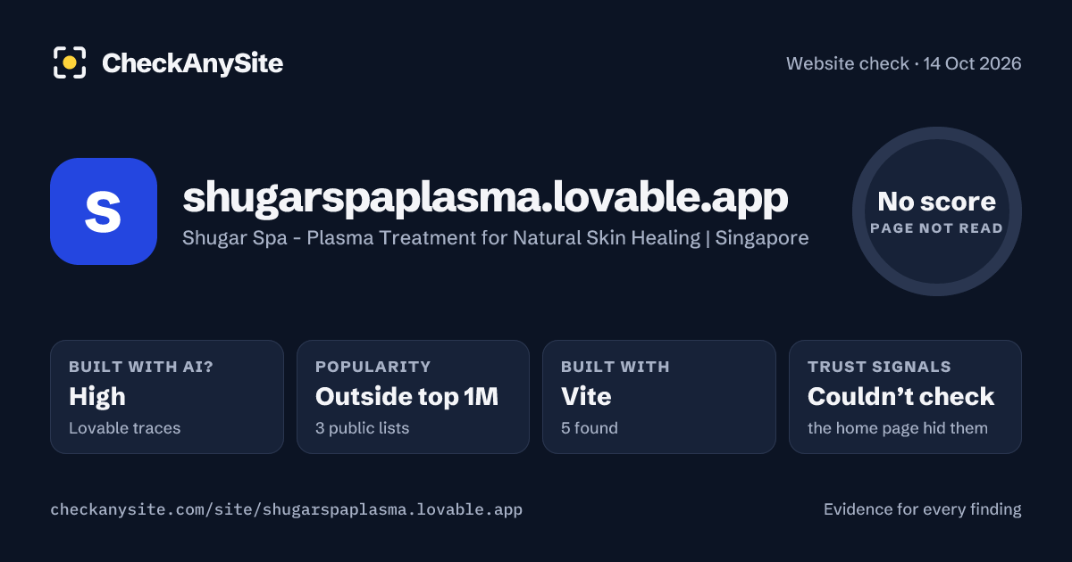shugarspaplasma.lovable.app on CheckAnySite: AI traces high, popularity Outside top 1M, no score.