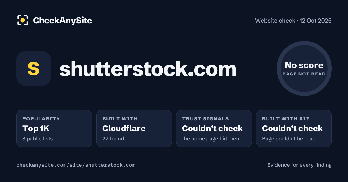 shutterstock.com on CheckAnySite: AI traces couldn’t check, popularity Top 1K, no score.