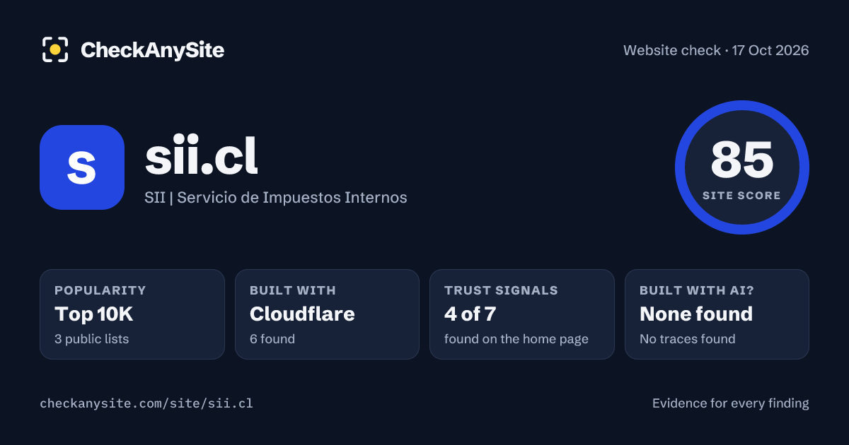 sii.cl on CheckAnySite: AI traces none found, popularity Top 10K, site score 85 of 100.