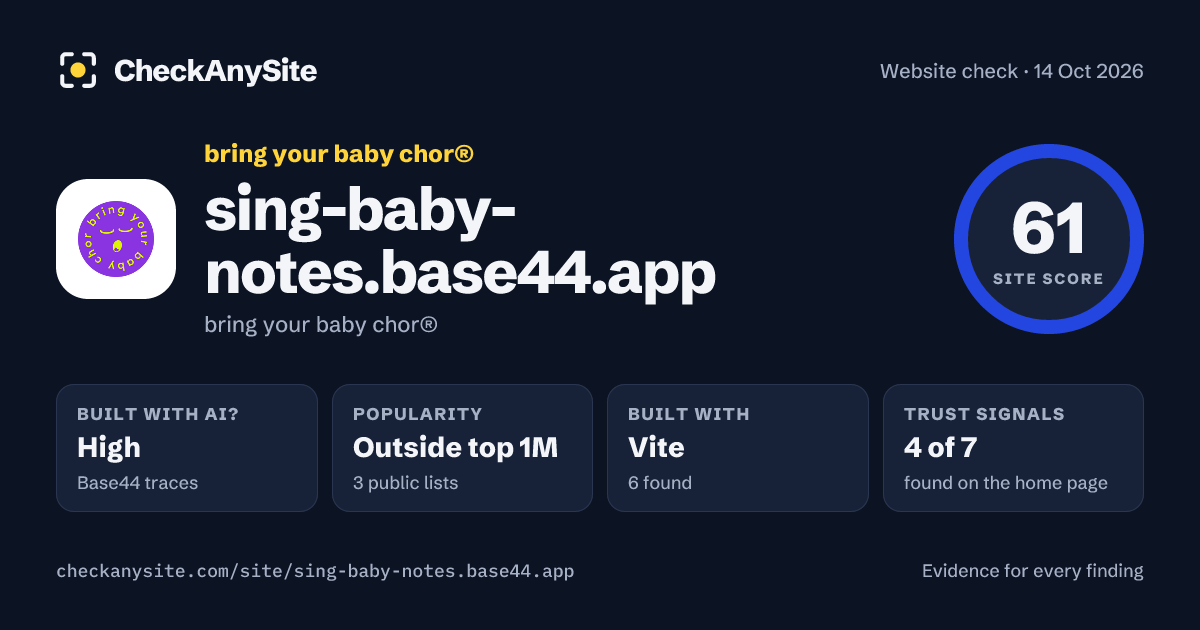 sing-baby-notes.base44.app on CheckAnySite: AI traces high, popularity Outside top 1M, site score 61 of 100.