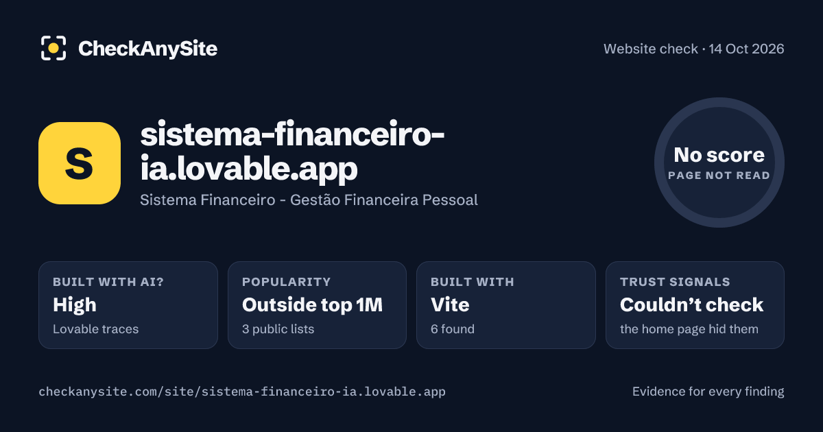 sistema-financeiro-ia.lovable.app on CheckAnySite: AI traces high, popularity Outside top 1M, no score.