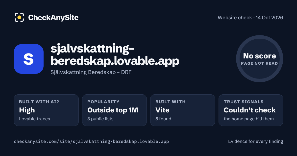 sjalvskattning-beredskap.lovable.app on CheckAnySite: AI traces high, popularity Outside top 1M, no score.
