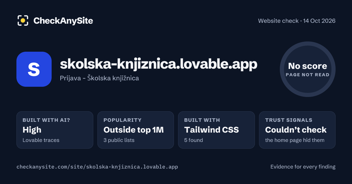 skolska-knjiznica.lovable.app on CheckAnySite: AI traces high, popularity Outside top 1M, no score.
