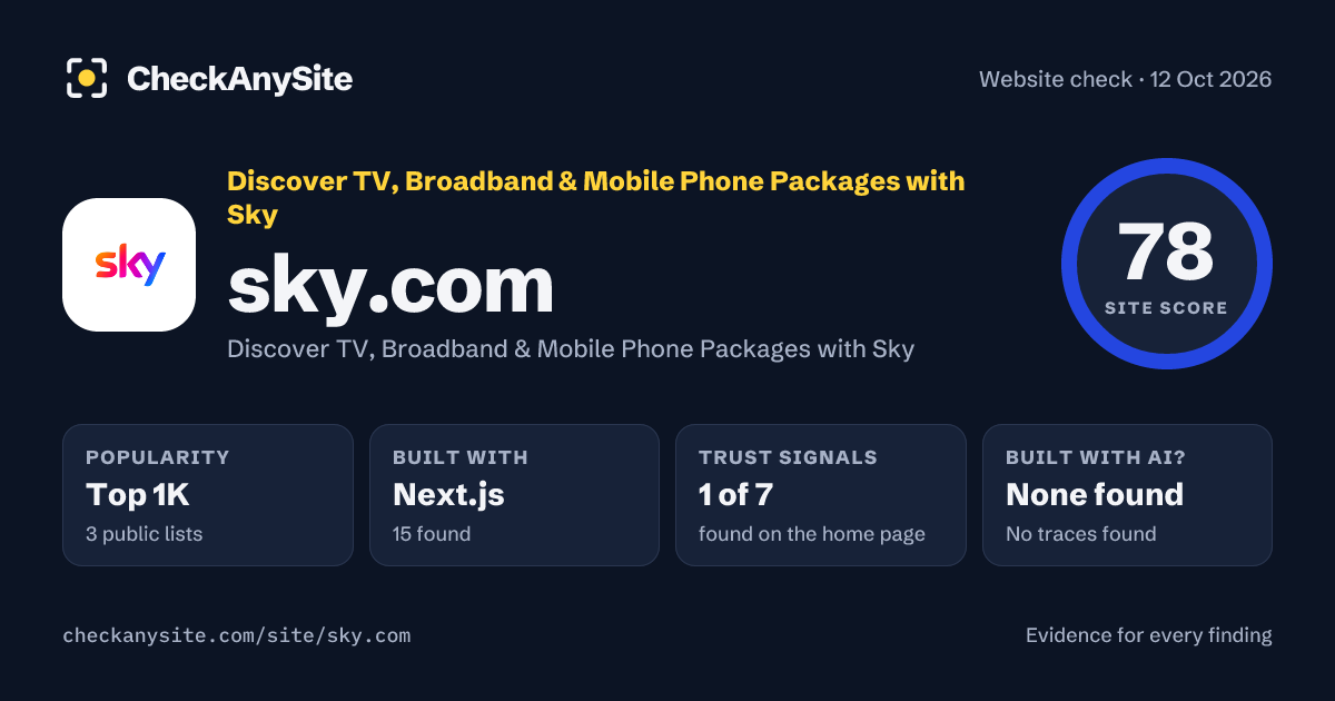 sky.com on CheckAnySite: AI traces none found, popularity Top 1K, site score 78 of 100.