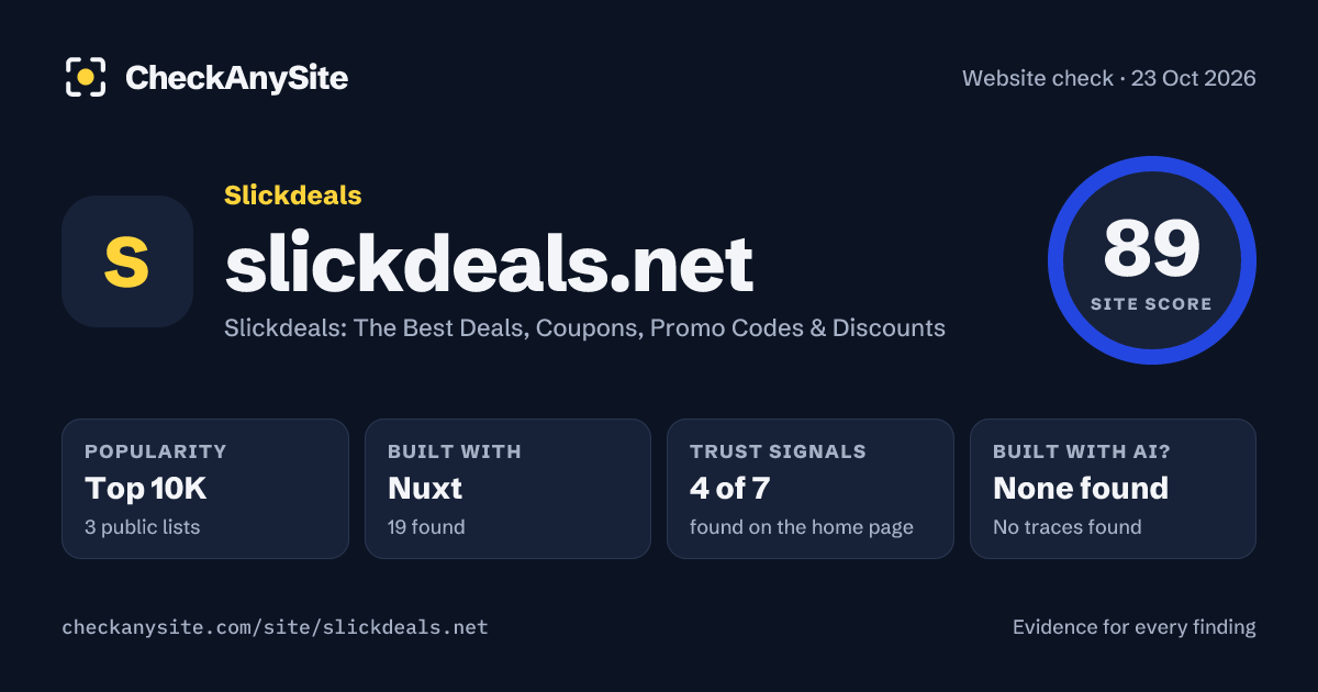 slickdeals.net on CheckAnySite: AI traces none found, popularity Top 10K, site score 89 of 100.