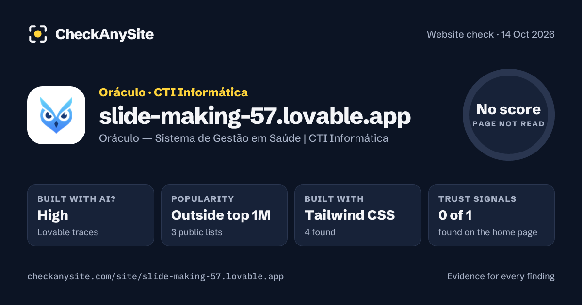 slide-making-57.lovable.app on CheckAnySite: AI traces high, popularity Outside top 1M, no score.