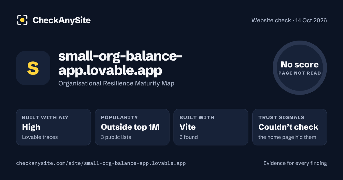 small-org-balance-app.lovable.app on CheckAnySite: AI traces high, popularity Outside top 1M, no score.