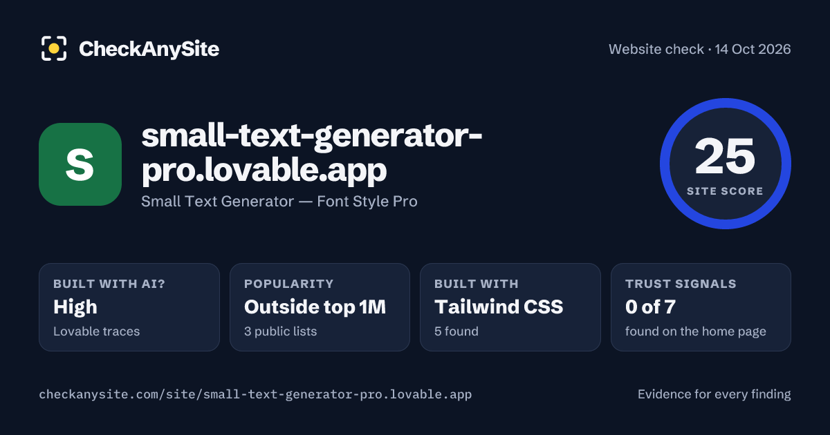 small-text-generator-pro.lovable.app on CheckAnySite: AI traces high, popularity Outside top 1M, site score 25 of 100.