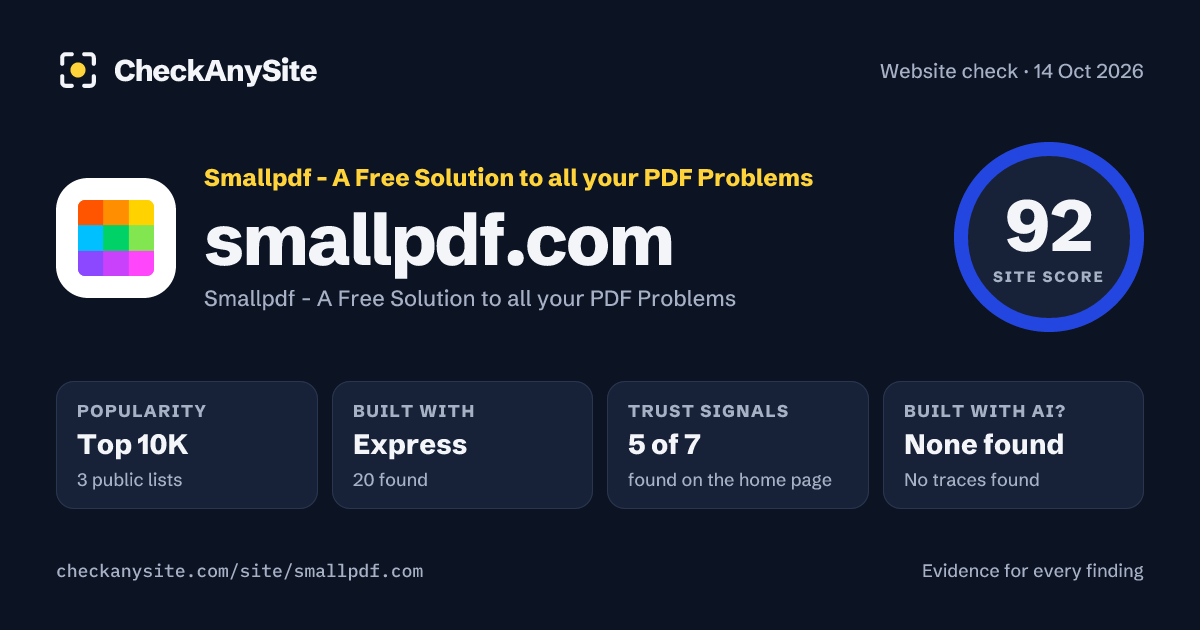 smallpdf.com on CheckAnySite: AI traces none found, popularity Top 10K, site score 92 of 100.