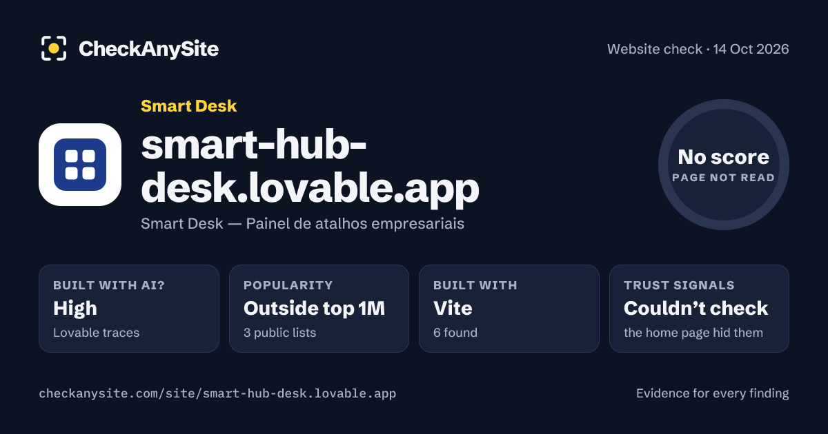 smart-hub-desk.lovable.app on CheckAnySite: AI traces high, popularity Outside top 1M, no score.