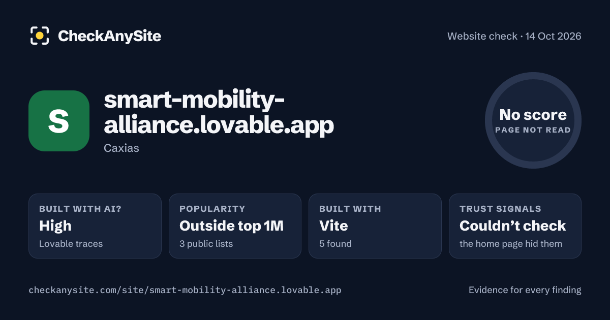 smart-mobility-alliance.lovable.app on CheckAnySite: AI traces high, popularity Outside top 1M, no score.