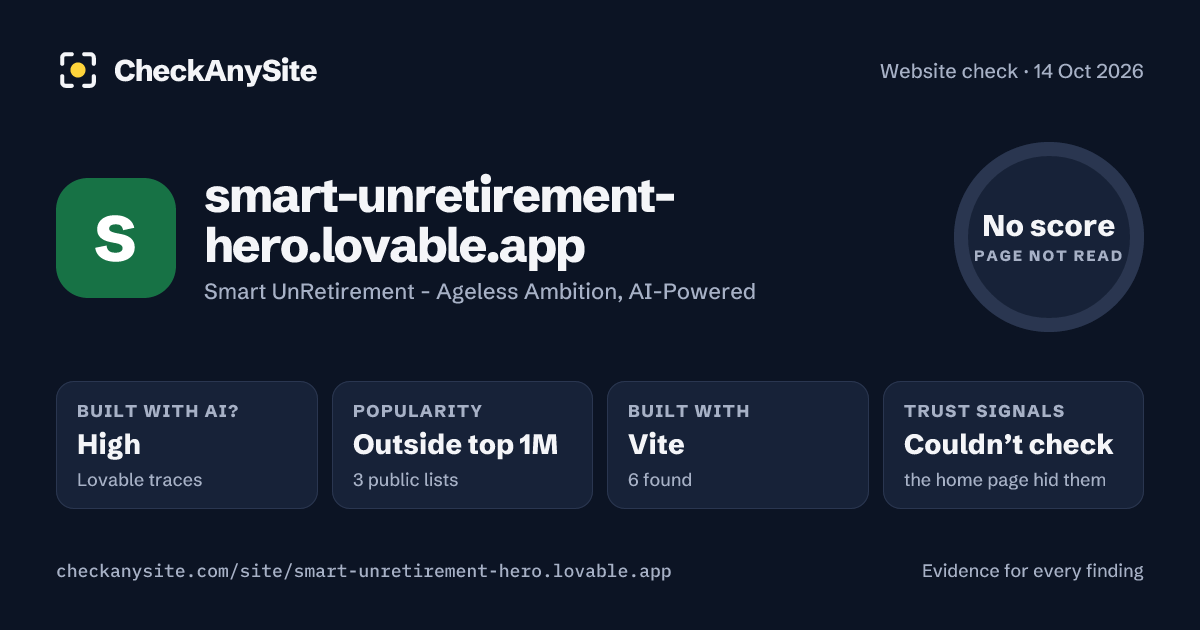 smart-unretirement-hero.lovable.app on CheckAnySite: AI traces high, popularity Outside top 1M, no score.