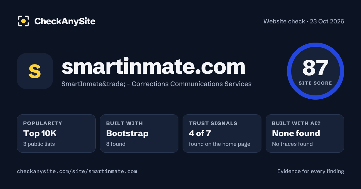 smartinmate.com on CheckAnySite: AI traces none found, popularity Top 10K, site score 87 of 100.