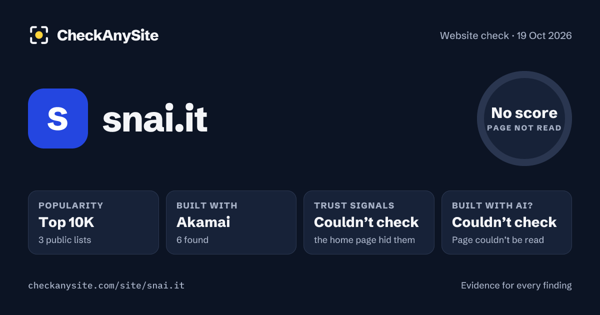 snai.it on CheckAnySite: AI traces couldn’t check, popularity Top 10K, no score.