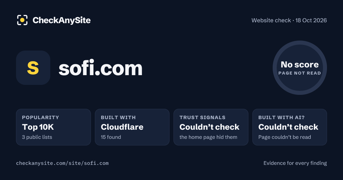 sofi.com on CheckAnySite: AI traces couldn’t check, popularity Top 10K, no score.