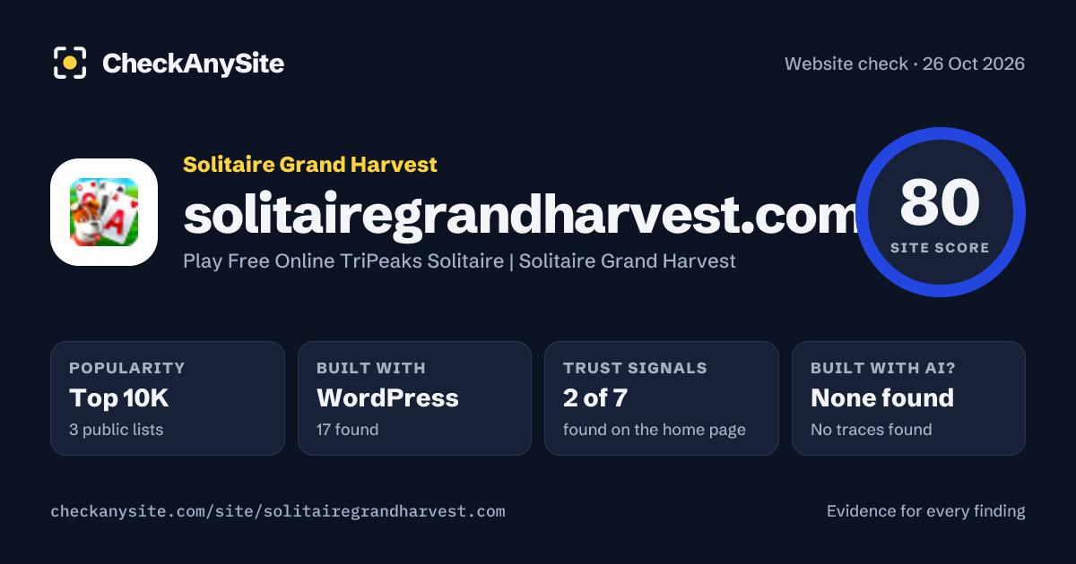 solitairegrandharvest.com on CheckAnySite: AI traces none found, popularity Top 10K, site score 80 of 100.