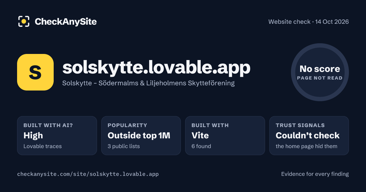 solskytte.lovable.app on CheckAnySite: AI traces high, popularity Outside top 1M, no score.