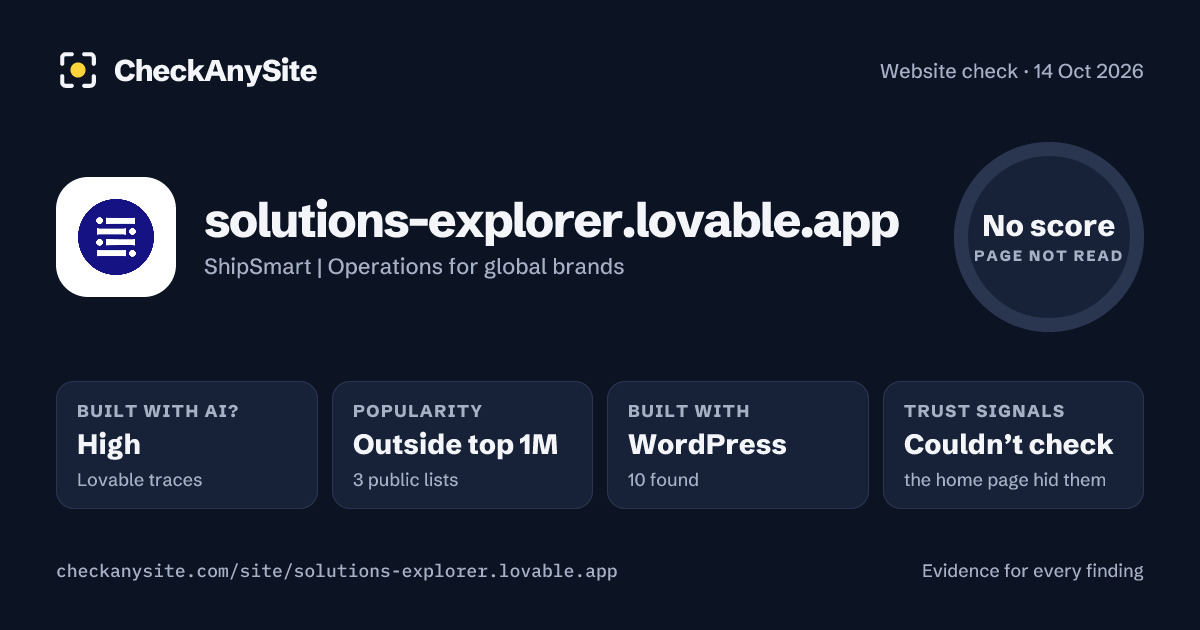 solutions-explorer.lovable.app on CheckAnySite: AI traces high, popularity Outside top 1M, no score.