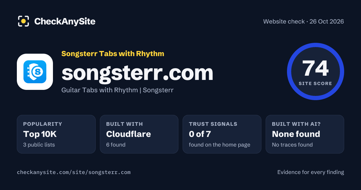 songsterr.com on CheckAnySite: AI traces none found, popularity Top 10K, site score 74 of 100.