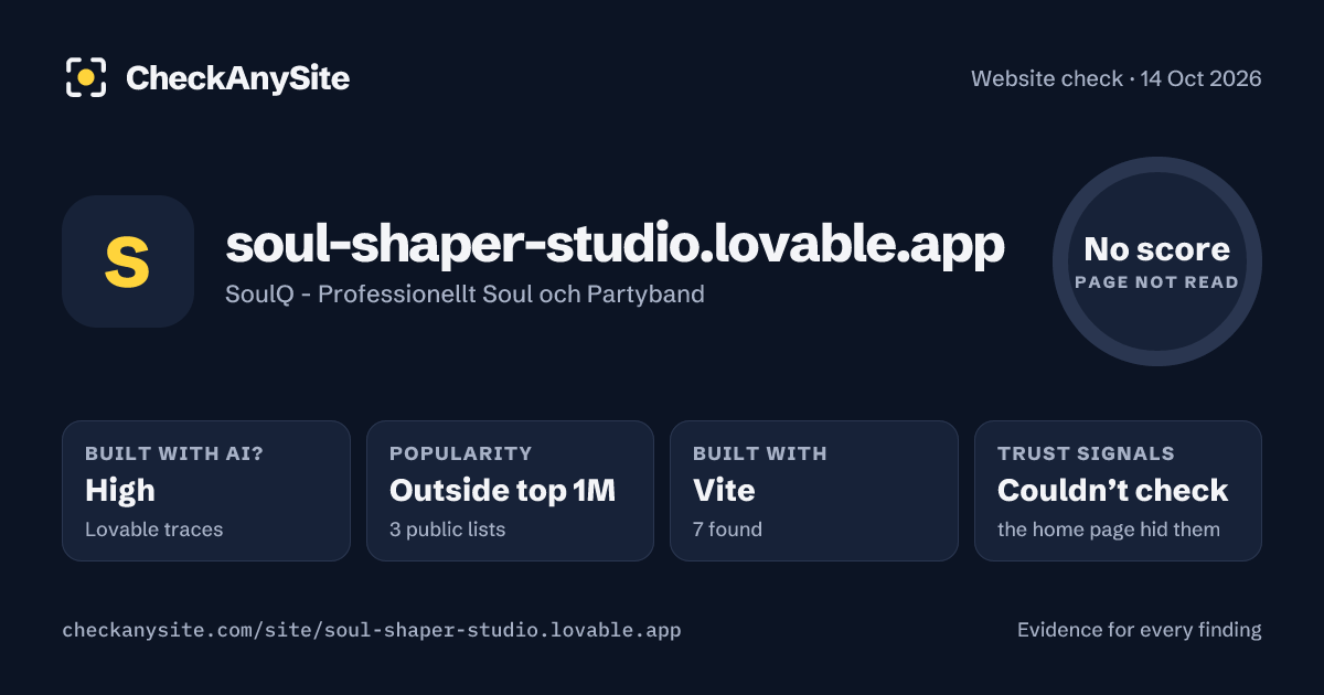 soul-shaper-studio.lovable.app on CheckAnySite: AI traces high, popularity Outside top 1M, no score.