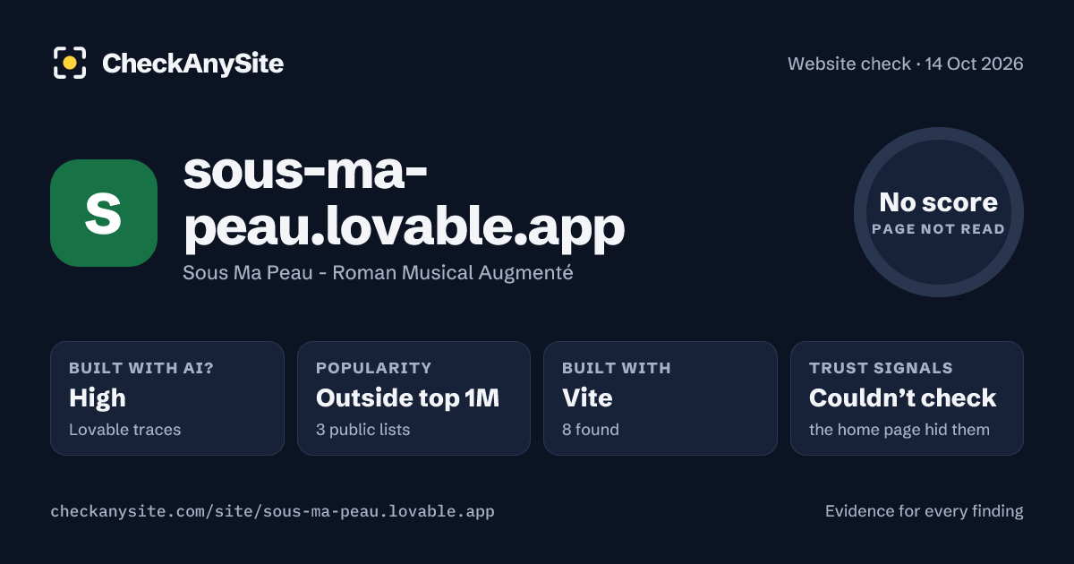 sous-ma-peau.lovable.app on CheckAnySite: AI traces high, popularity Outside top 1M, no score.