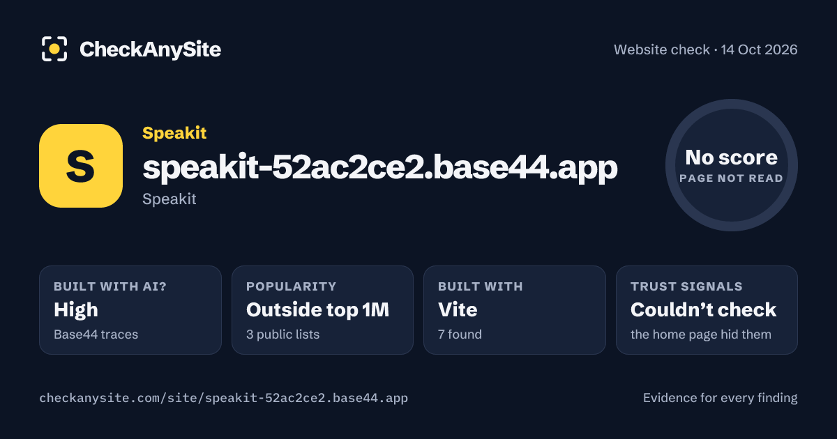 speakit-52ac2ce2.base44.app on CheckAnySite: AI traces high, popularity Outside top 1M, no score.