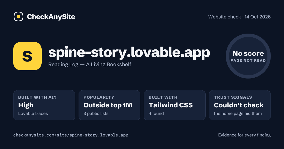 spine-story.lovable.app on CheckAnySite: AI traces high, popularity Outside top 1M, no score.
