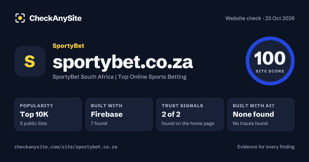 sportybet.co.za on CheckAnySite: AI traces none found, popularity Top 10K, site score 100 of 100.