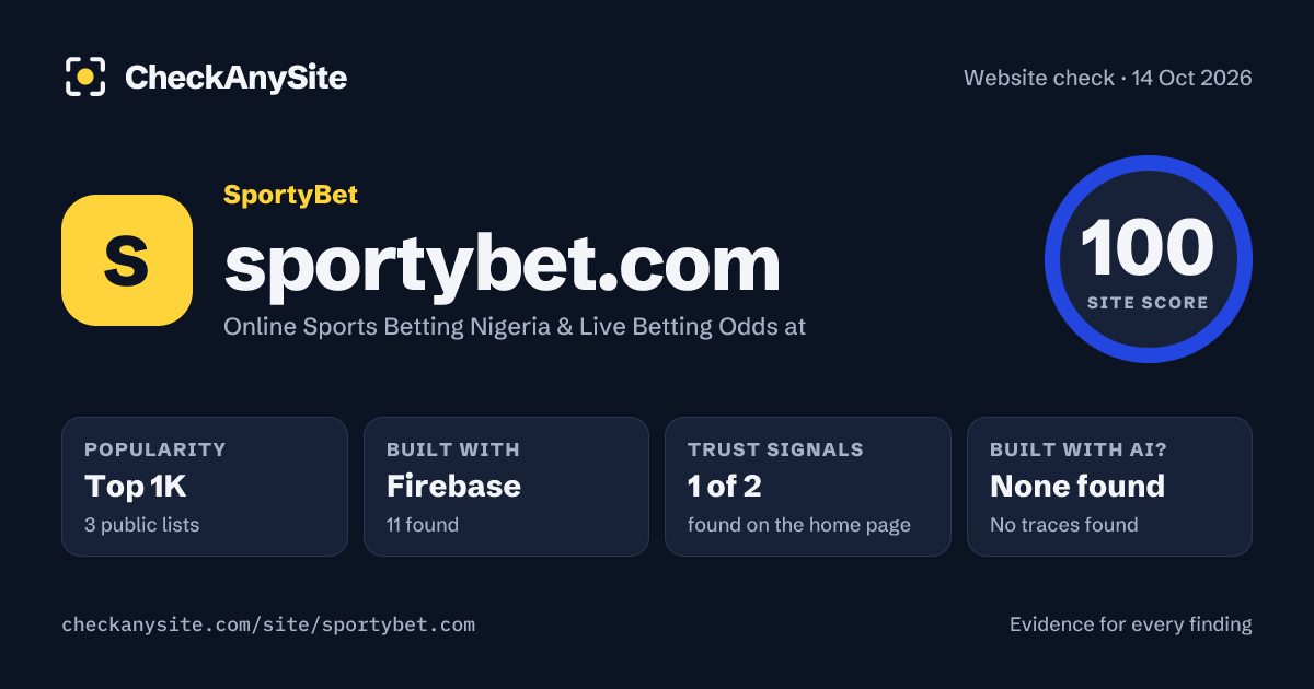 sportybet.com on CheckAnySite: AI traces none found, popularity Top 1K, site score 100 of 100.