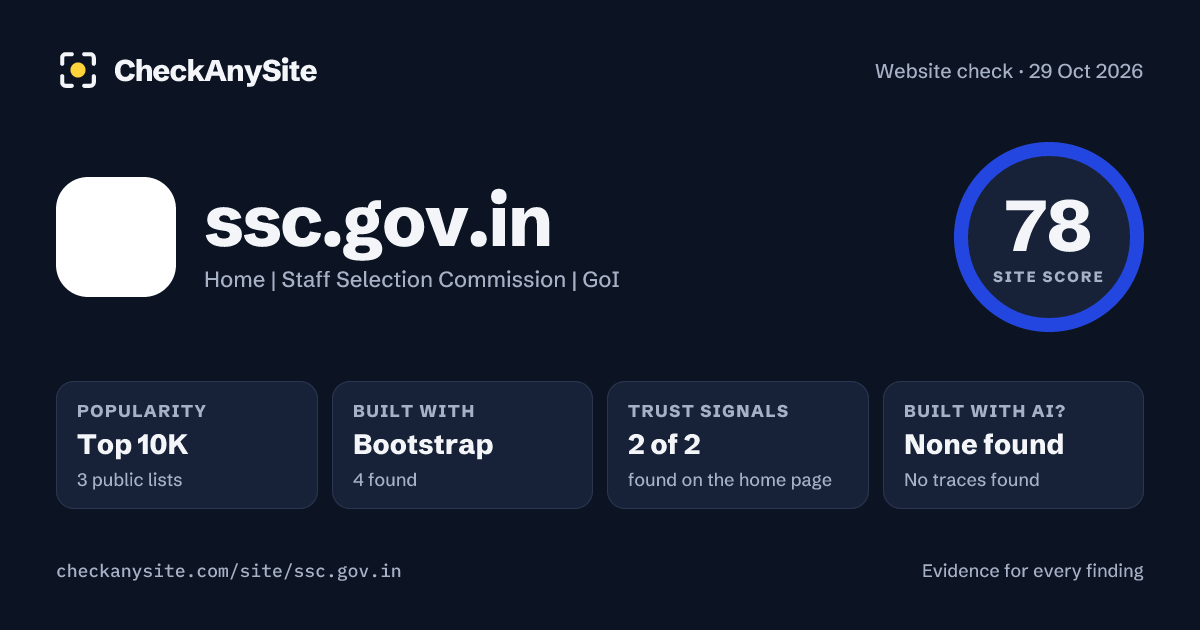 ssc.gov.in on CheckAnySite: AI traces none found, popularity Top 10K, site score 78 of 100.