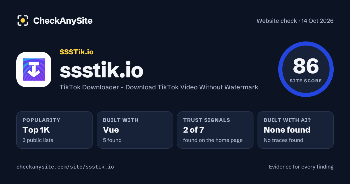ssstik.io on CheckAnySite: AI traces none found, popularity Top 1K, site score 86 of 100.