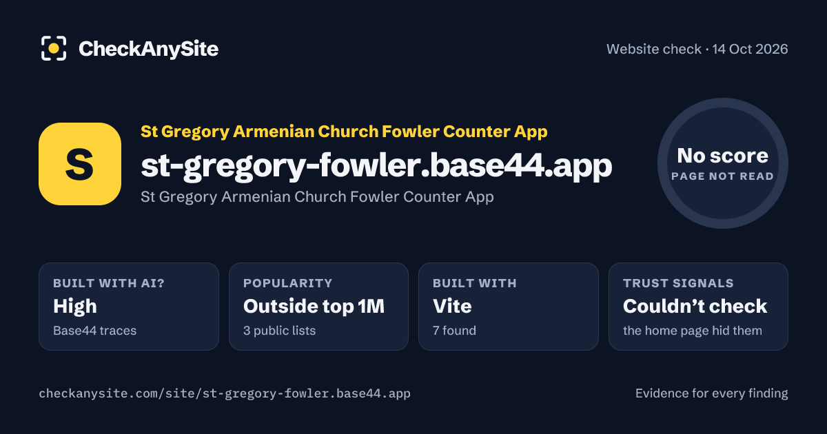 st-gregory-fowler.base44.app on CheckAnySite: AI traces high, popularity Outside top 1M, no score.
