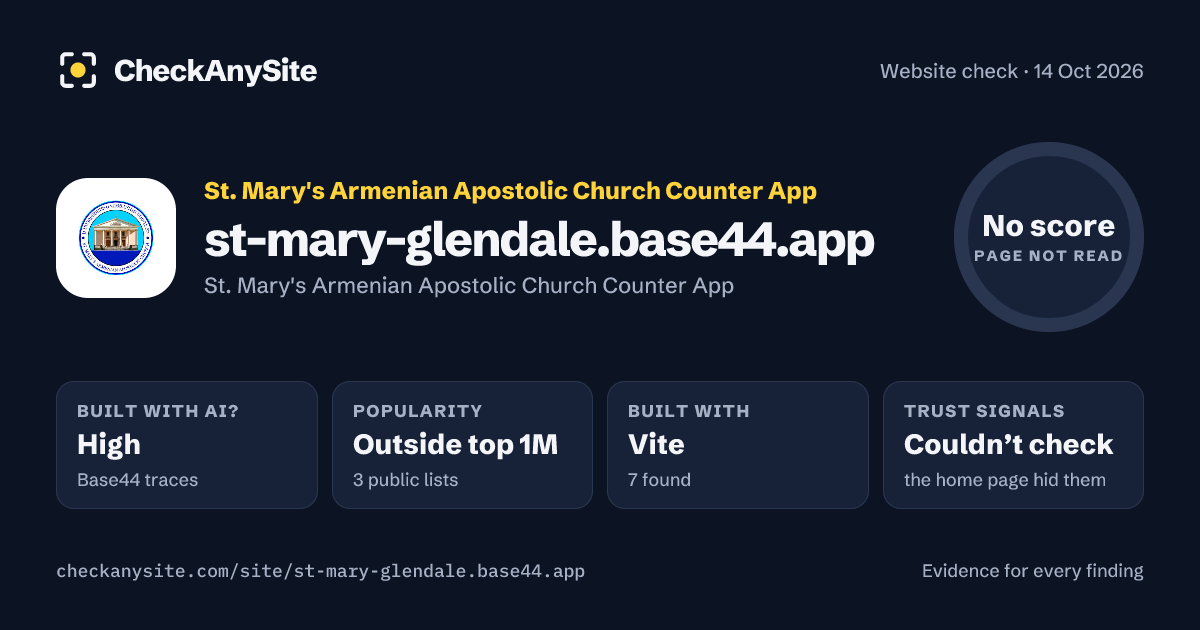 st-mary-glendale.base44.app on CheckAnySite: AI traces high, popularity Outside top 1M, no score.
