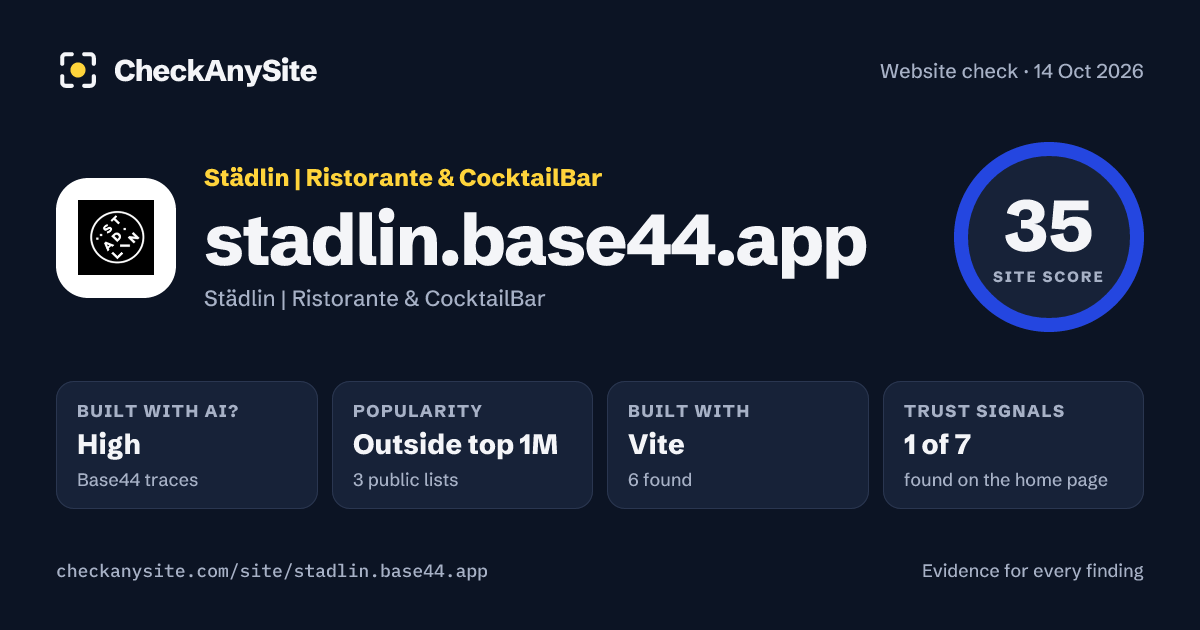stadlin.base44.app on CheckAnySite: AI traces high, popularity Outside top 1M, site score 35 of 100.