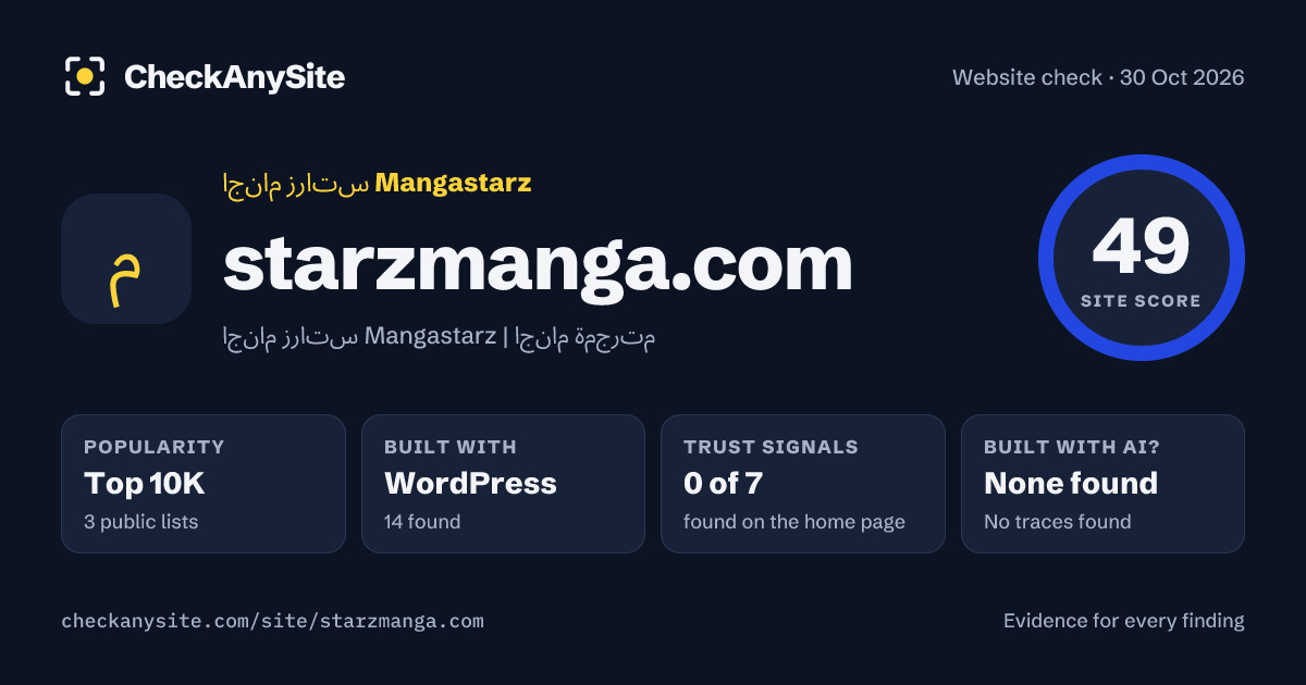 starzmanga.com on CheckAnySite: AI traces none found, popularity Top 10K, site score 49 of 100.
