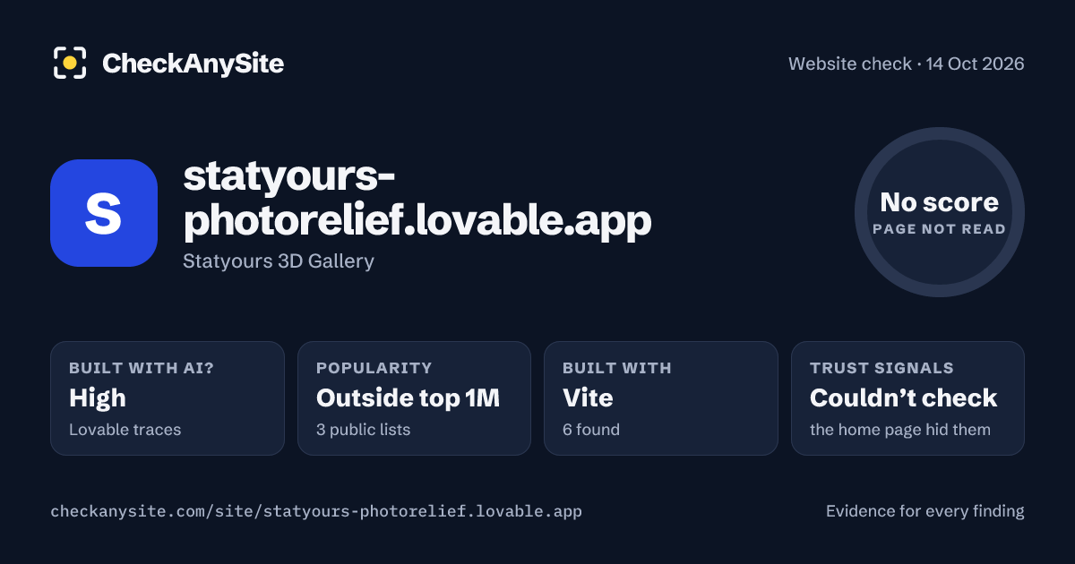 statyours-photorelief.lovable.app on CheckAnySite: AI traces high, popularity Outside top 1M, no score.