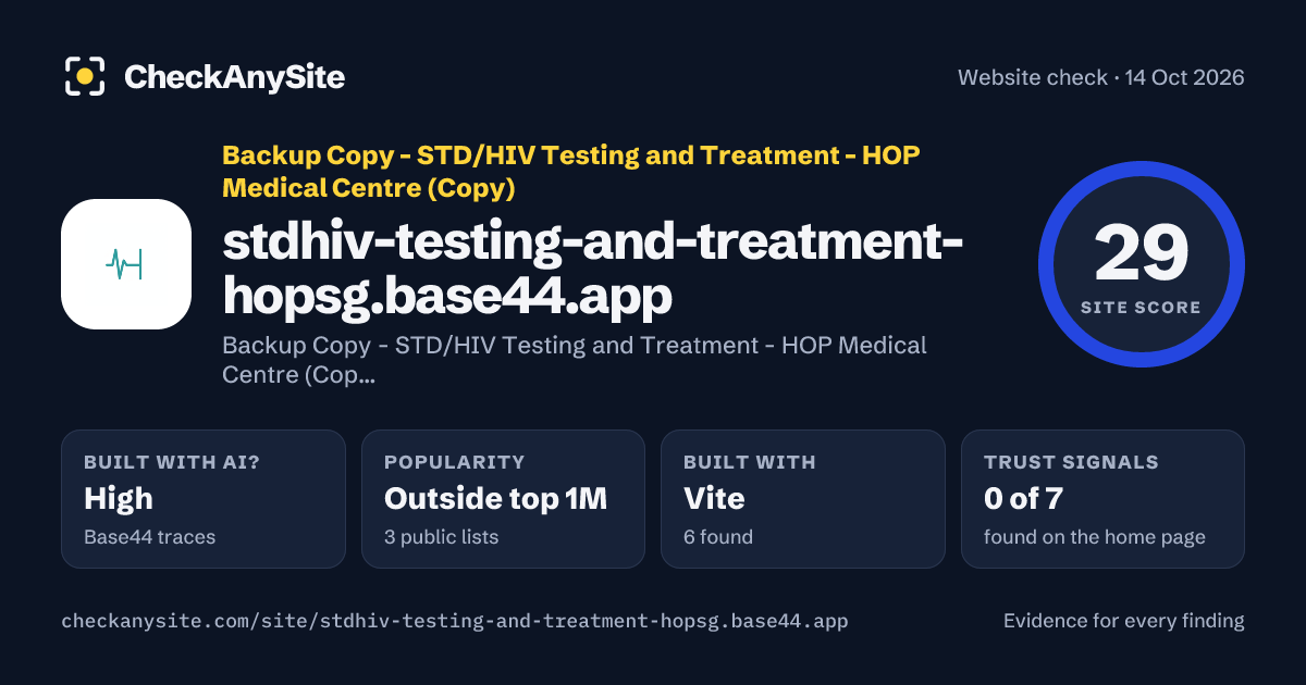 stdhiv-testing-and-treatment-hopsg.base44.app on CheckAnySite: AI traces high, popularity Outside top 1M, site score 29 of 100.