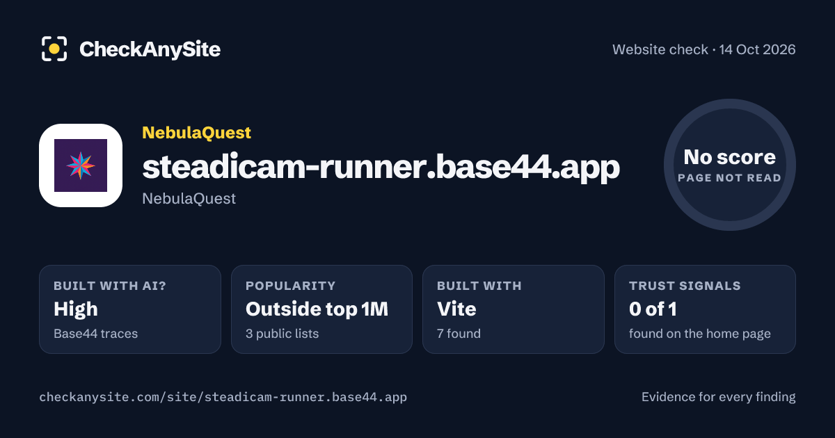 steadicam-runner.base44.app on CheckAnySite: AI traces high, popularity Outside top 1M, no score.