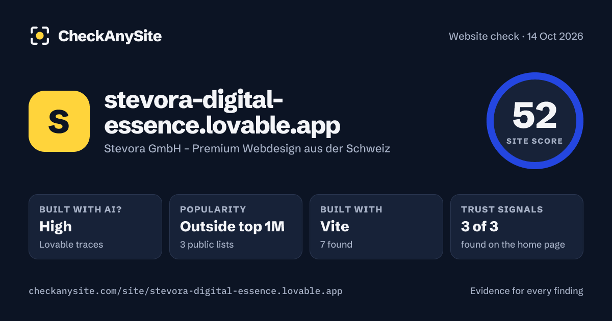 stevora-digital-essence.lovable.app on CheckAnySite: AI traces high, popularity Outside top 1M, site score 52 of 100.