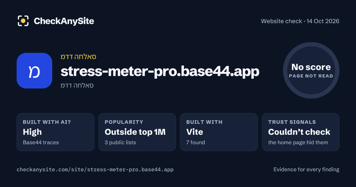 stress-meter-pro.base44.app on CheckAnySite: AI traces high, popularity Outside top 1M, no score.