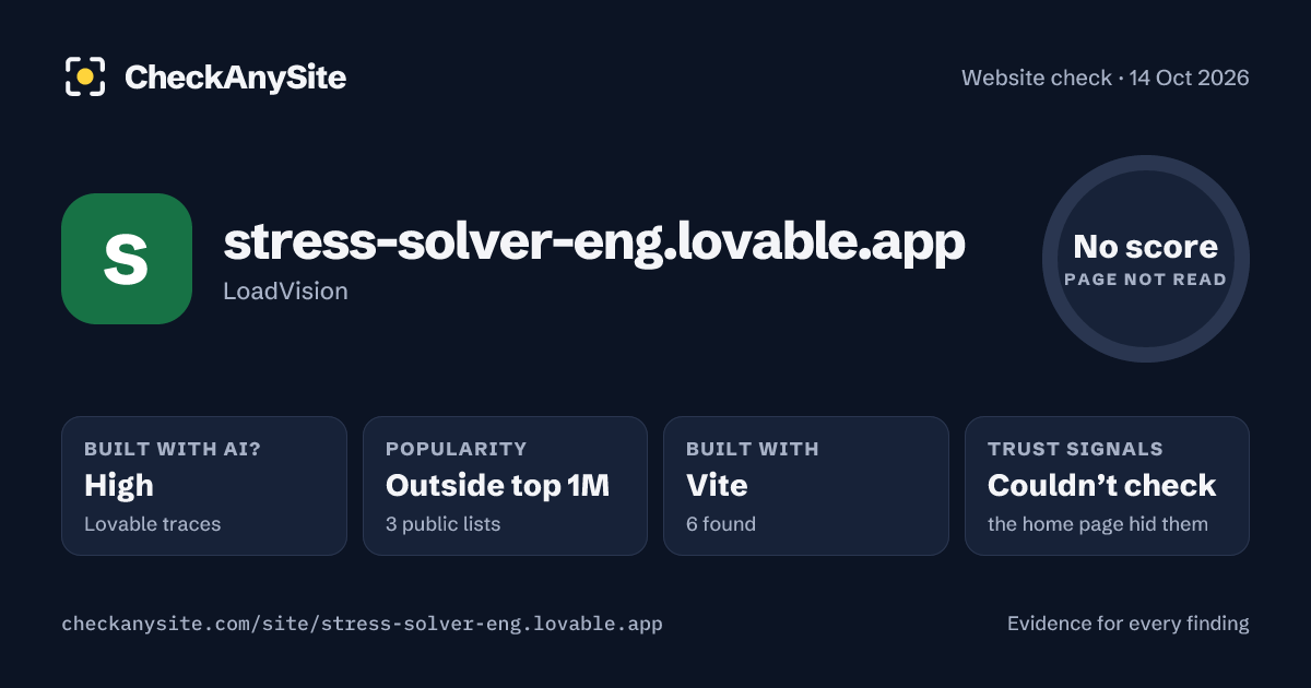 stress-solver-eng.lovable.app on CheckAnySite: AI traces high, popularity Outside top 1M, no score.