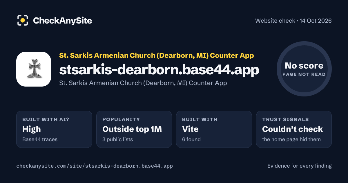 stsarkis-dearborn.base44.app on CheckAnySite: AI traces high, popularity Outside top 1M, no score.