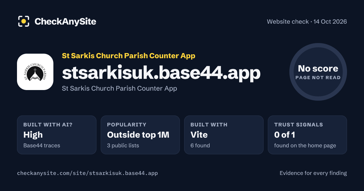 stsarkisuk.base44.app on CheckAnySite: AI traces high, popularity Outside top 1M, no score.