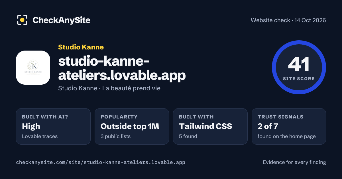 studio-kanne-ateliers.lovable.app on CheckAnySite: AI traces high, popularity Outside top 1M, site score 41 of 100.