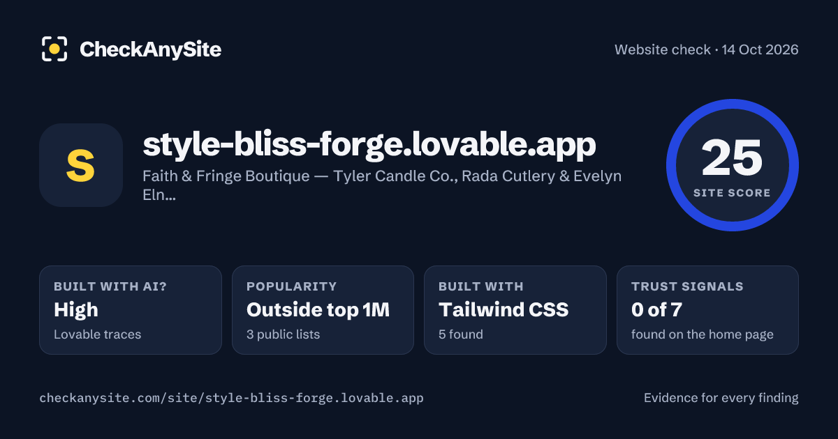 style-bliss-forge.lovable.app on CheckAnySite: AI traces high, popularity Outside top 1M, site score 25 of 100.