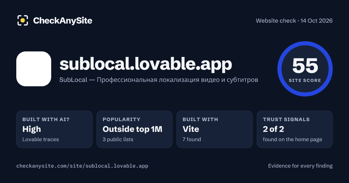 sublocal.lovable.app on CheckAnySite: AI traces high, popularity Outside top 1M, site score 55 of 100.