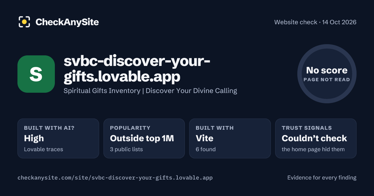 svbc-discover-your-gifts.lovable.app on CheckAnySite: AI traces high, popularity Outside top 1M, no score.