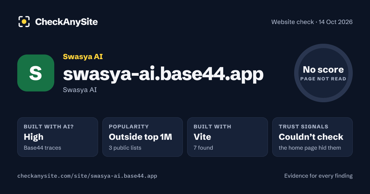 swasya-ai.base44.app on CheckAnySite: AI traces high, popularity Outside top 1M, no score.